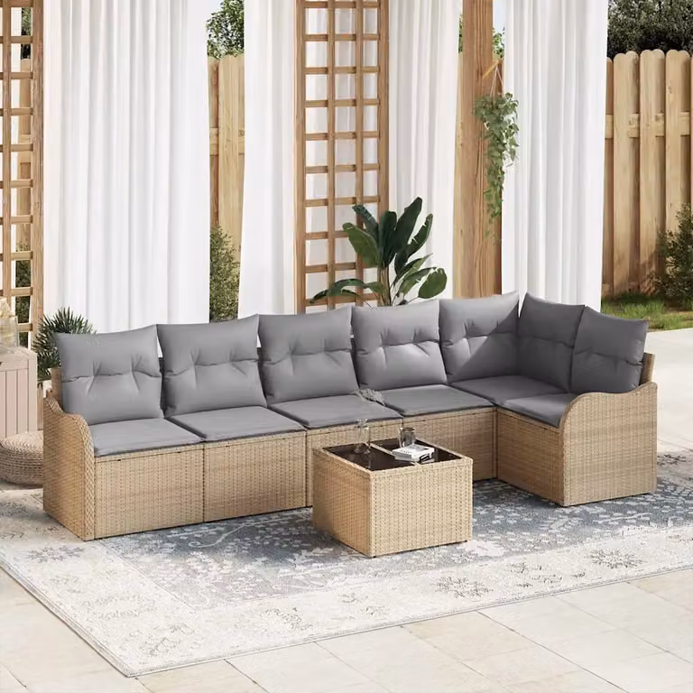 Set Divano da Giardino vidaXL 7 pz Beige in Polyrattan con Cuscini e Tavolino da Caffè Moderno