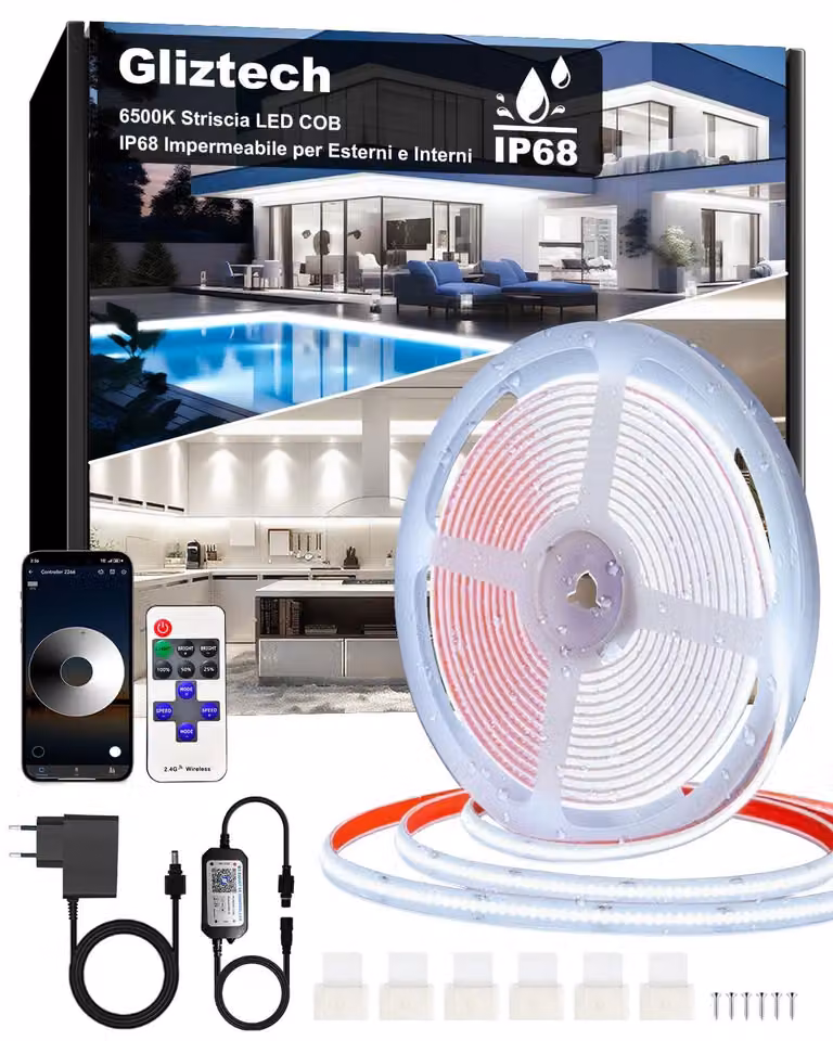 Striscia LED COB, 15 metri, grado di protezione IP68, 24 V, 6500 K, luce bianca calda, autoadesiva