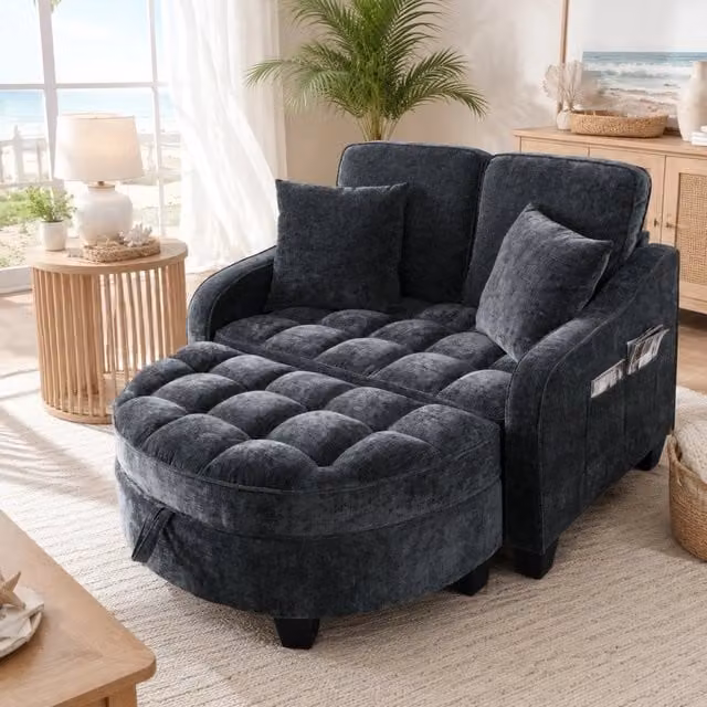 Divano letto 2-in-1 nero 132x129x93 cm con pouf contenitore HOMVRA