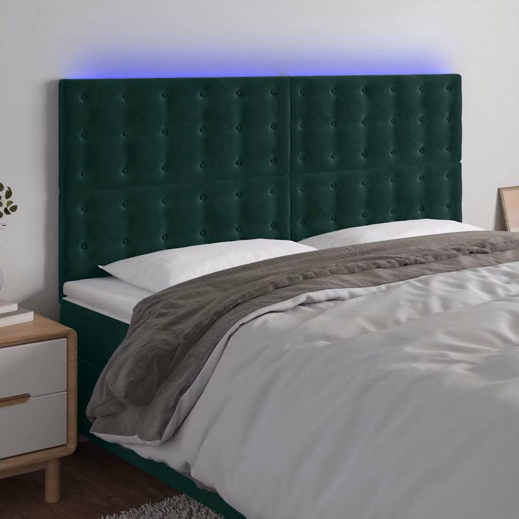 Testiera per letto vidaXL in velluto verde scuro con illuminazione LED integrata e porta di ricarica USB, L: 200 cm, P: 5 cm, H: 118/128 cm