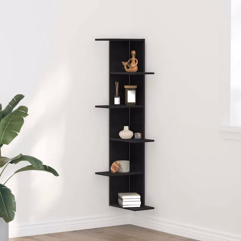 vidaXL Mensola Angolare da Parete Moderna in Legno Nero Opaco L/P/H: 36.5 x 36.5 x 140 cm