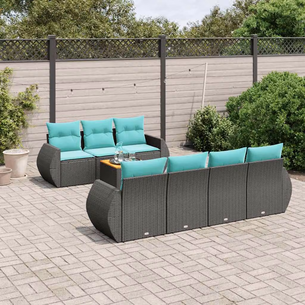 Set di divani da giardino vidaXL 8 pezzi in polyrattan nero con cuscini e tavolino da caffè a forma di U