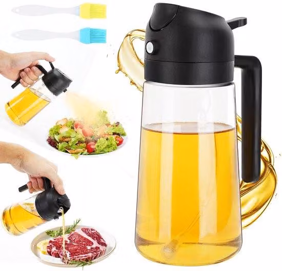 Bottiglia per olio da 470 ml, 16 oz, dispenser e spruzzatore 2 in 1, set da cucina e barbecue nero