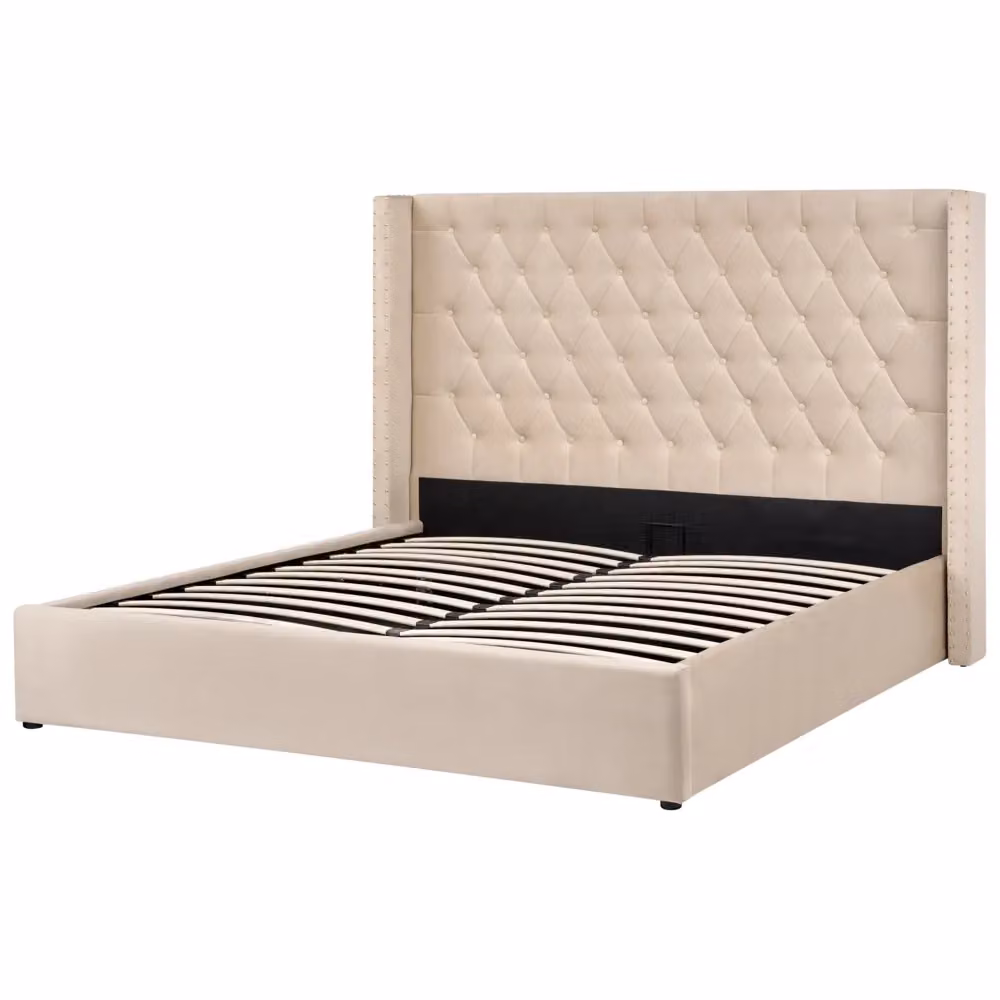 Letto con contenitore Beliani in velluto beige imbottito con testiera alta L/P/H: 205 x 180 x 143 cm – 2