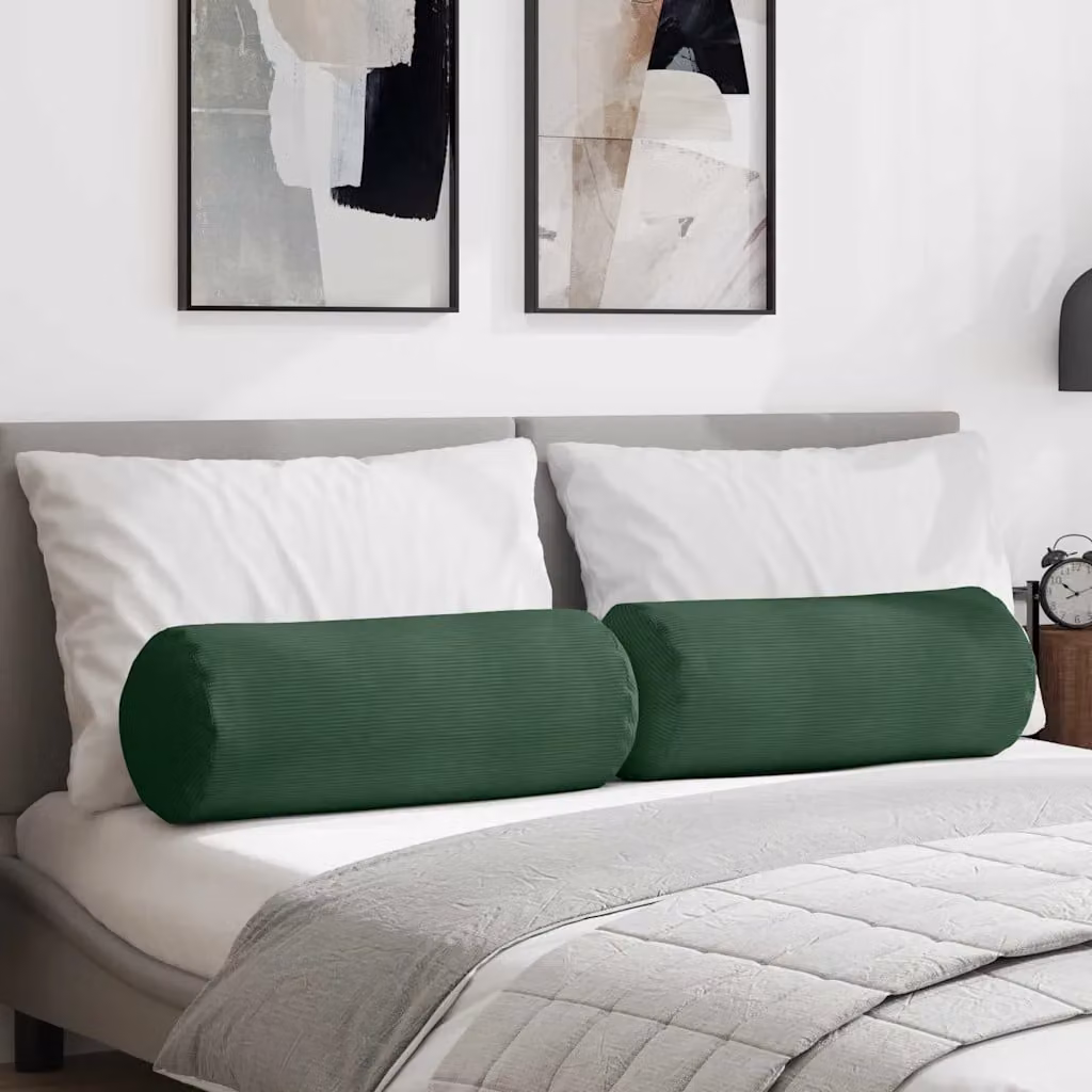 Set di 2 cuscini a rullo vidaXL in tessuto di velluto a coste verde scuro, Ø 25 x 70 cm