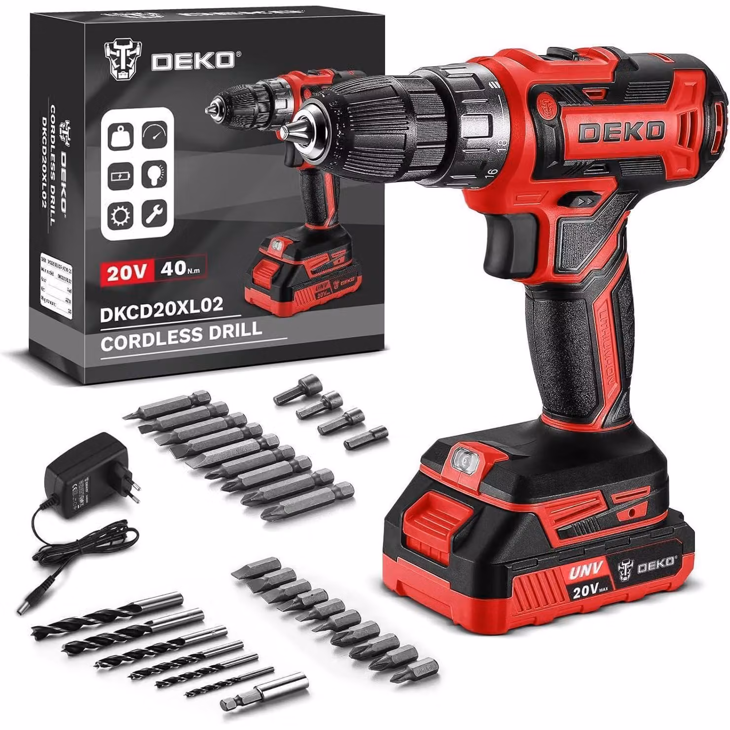 Set di avvitatori a batteria da 20V, 30 pezzi, con 18+1 livelli di coppia, 40Nm di coppia massima, 2 velocità, luce LED, colore rosso