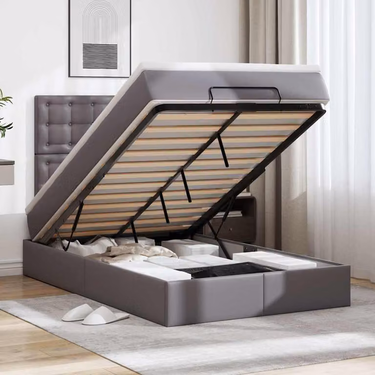 vidaXL Struttura Letto con Contenitore a Sollevamento, Rivestimento in Similpelle Grigio e Bianco, con Illuminazione Sotto il Letto e Porta di Ricarica USB, L/P/H: 120 x 200 x 128 cm