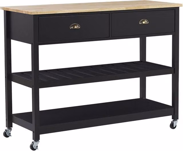 Carrello da cucina Beliani in legno di pino nero e legno chiaro con 2 ripiani e cassetti, stile scandinavo moderno e rustico, L/P/H: 120 x 34 x 91 cm