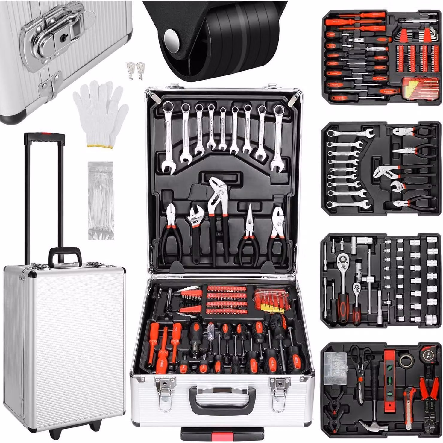 Valigetta portattrezzi completa, 799 pezzi, in alluminio, con ruote, ideale per auto, fai-da-te, uso domestico, garage e officina