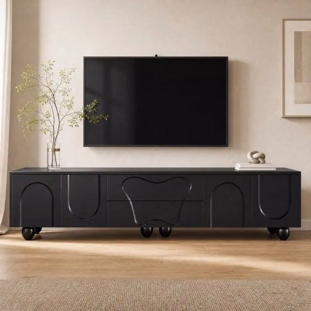 Mobile TV ULEVR 180x40x42 cm nero con cassetti, vani contenitore e gambe in legno massello