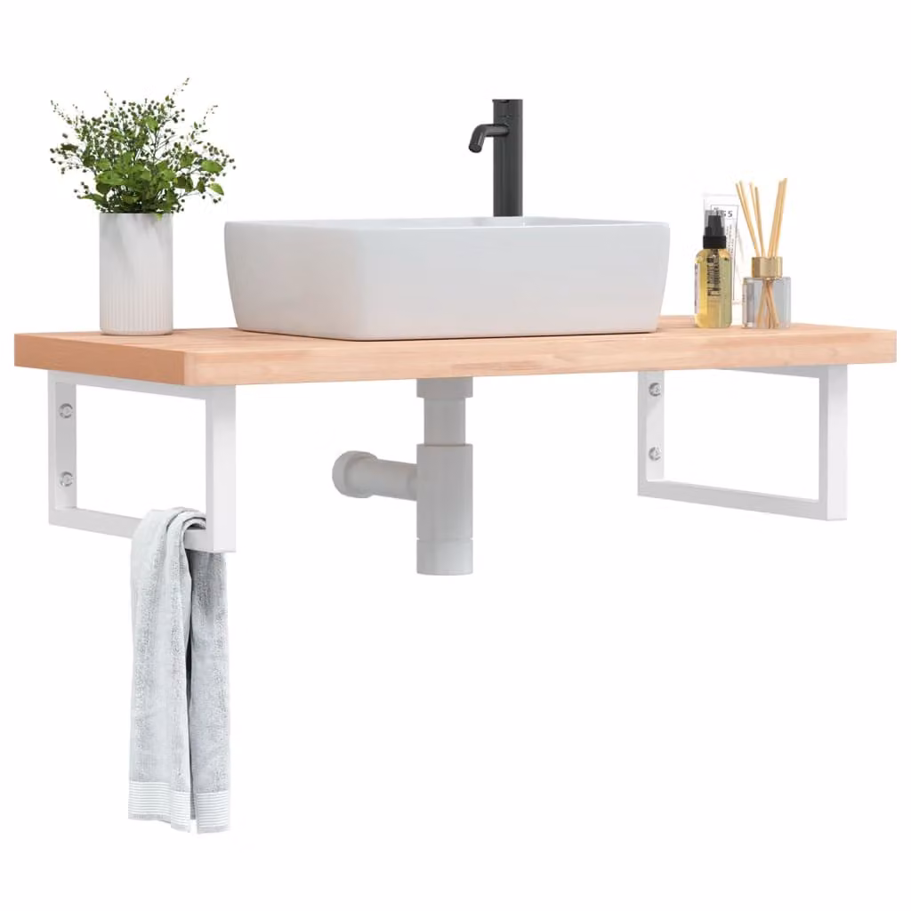 vidaXL Ripiano a Parete per Lavabo in Legno di Faggio e Metallo, Bianco e Marrone