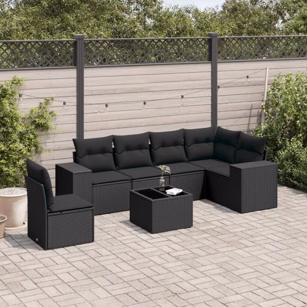 vidaXL Set Divano da Giardino a L con 7 Pezzi Nero e Tavolino in Vetro – 1