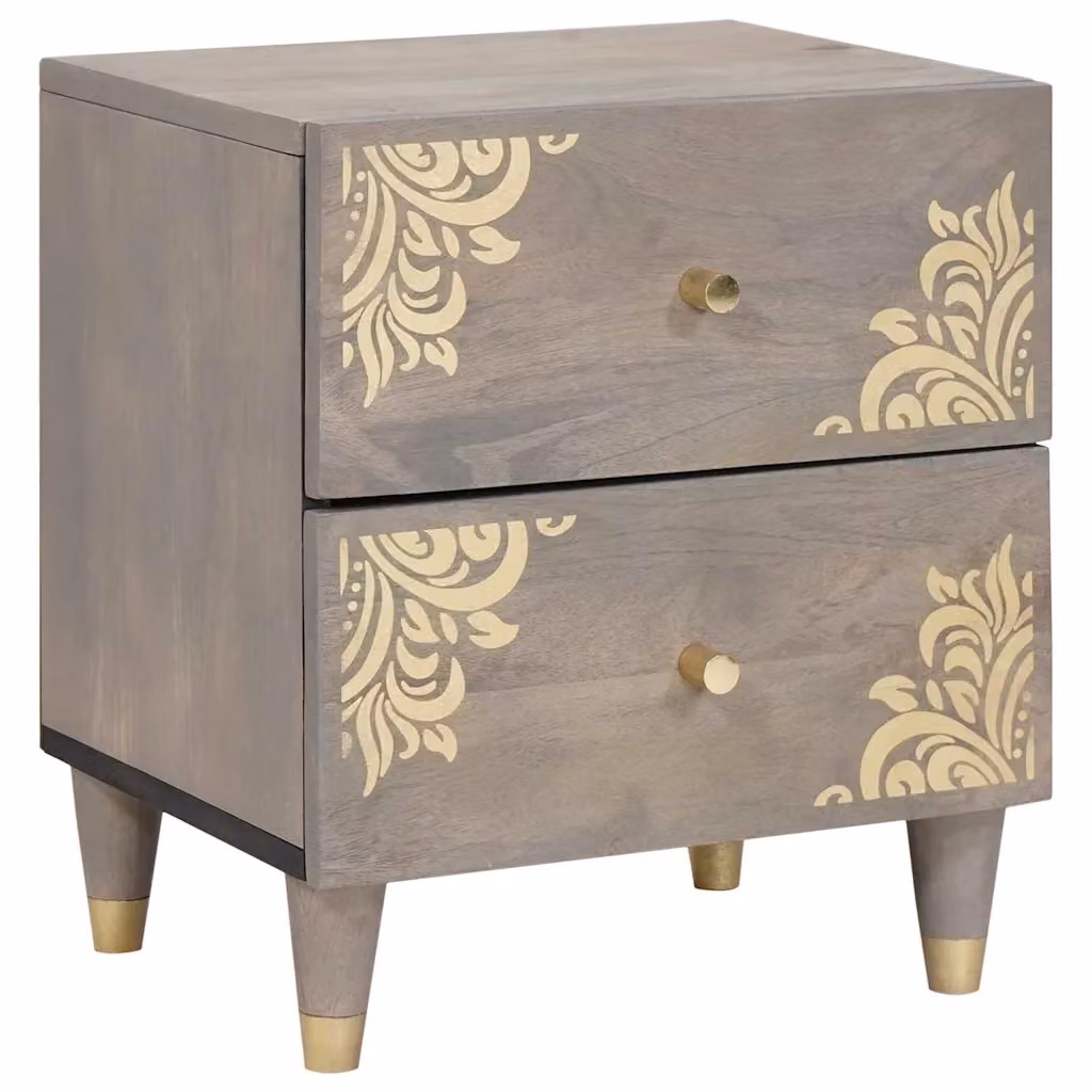 vidaXL Armadio da Notte Moderno in Legno di Mango Massello e Metallo, Grigio, L 40 cm x P 33 cm x H 46 cm