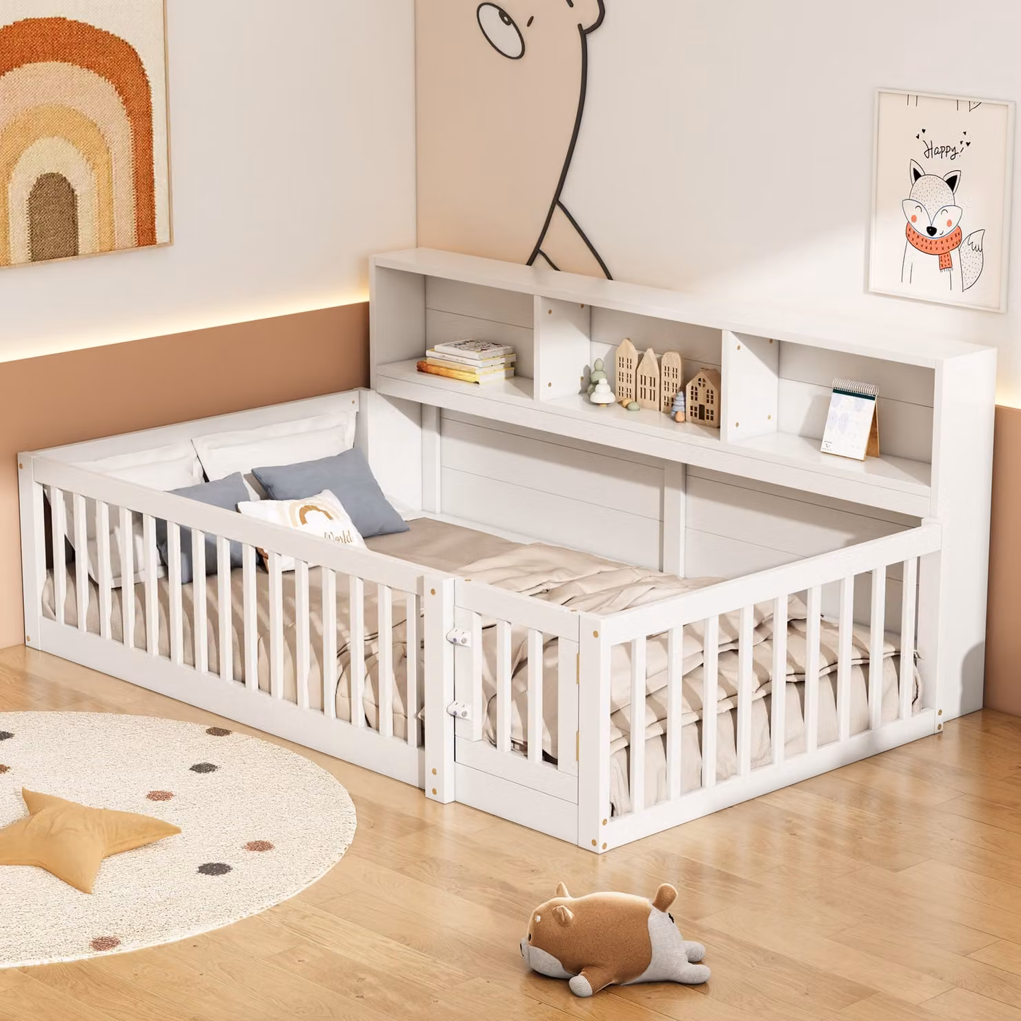 Letto da giorno AIORBER, 90x200 cm, con balaustra, letto per bambini, stabile e resistente, in legno di pino, con rete a doghe e vano portaoggetti, per camerette, bianco