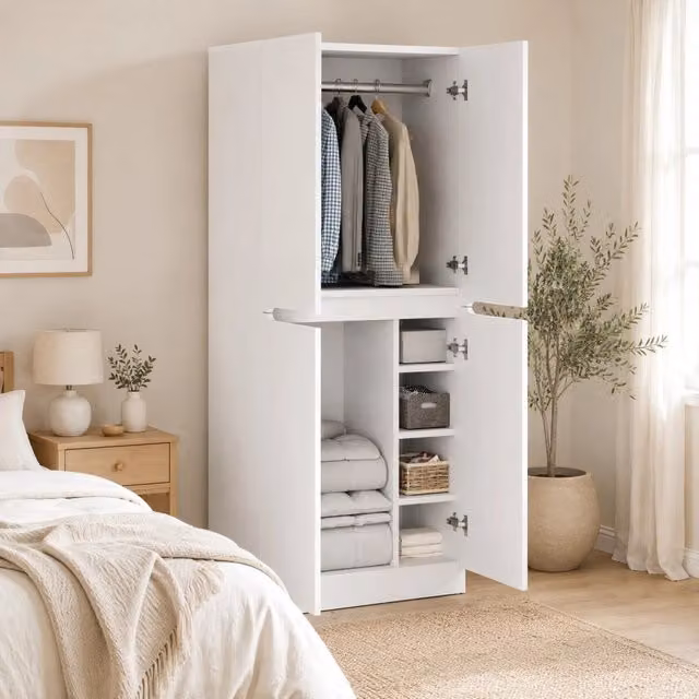 Armadio guardaroba a doppia anta in legno bianco e effetto legno L: 70 cm, P: 40 cm, H: 170 cm