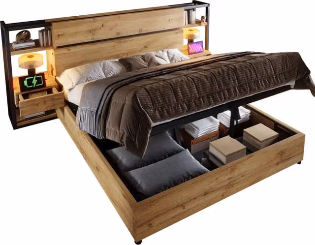 Letto contenitore matrimoniale in stile industrial con cassetti e ripiani, colore rovere e marrone, dotato di porte USB e Type-C, L/P: 180 x 200 cm