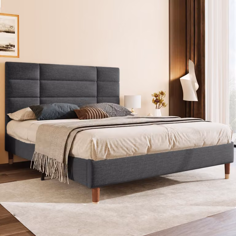letto imbottito okwish 140x200cm letto matrimoniale con materasso, letto in legno con struttura in acciaio, struttura letto e letto per ragazzi con 4 gambe in plastica e 3 gambe di supporto in metallo, in lino, grigio scuro