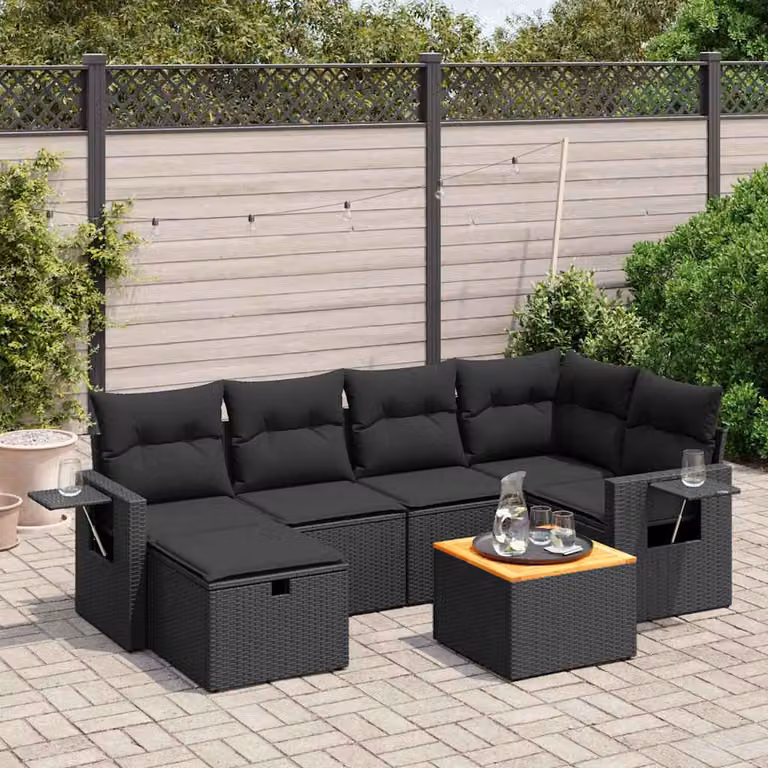 vidaXL Set Divano da Giardino a L con Cuscini 7pz Nero in Polyrattan e Legno di Acacia