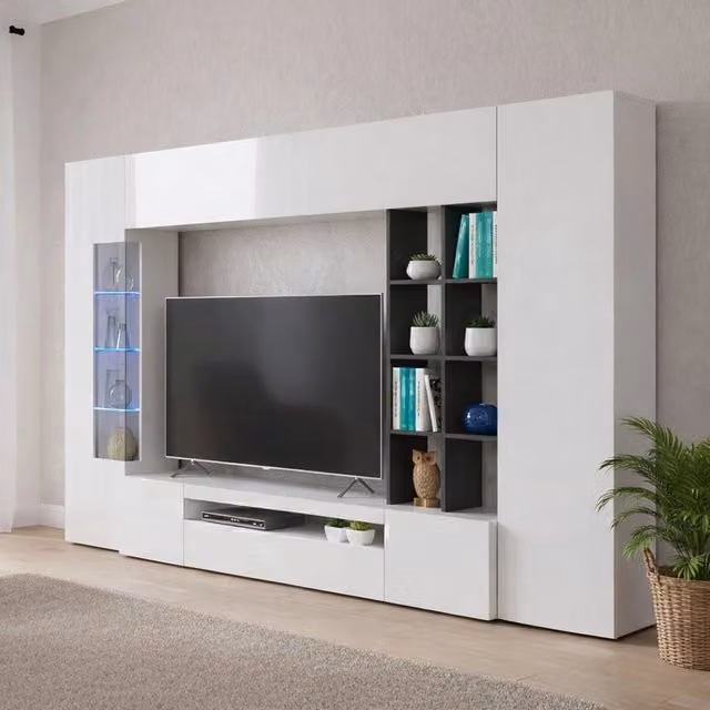 Parete Attrezzata per Soggiorno DMORA Moderna con Vetrine e Illuminazione Integrata, Bianco e Grigio Lucido, L: 290 cm, P: 40 cm, H: 192 cm