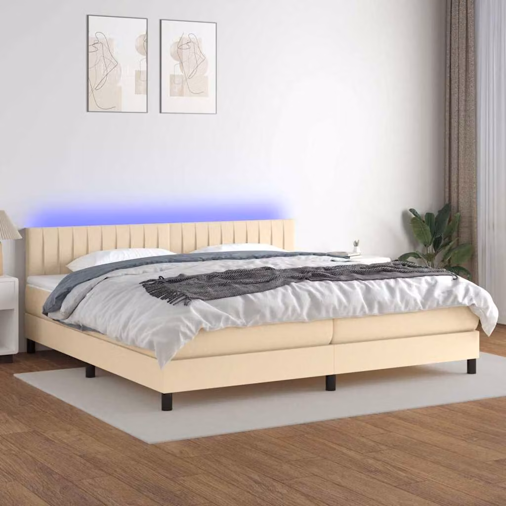 Letto a molle con materasso e illuminazione LED vidaXL in tessuto bianco e beige L/P: 200 x 200 cm – 1