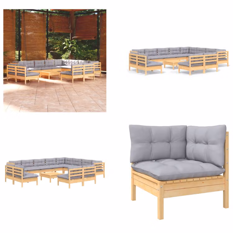 vidaXL Set da salotto da giardino 13 pezzi con cuscini grigi in pino massiccio - Set da salotto da giardino - Set da salotto da giardino - Set di mobili da giardino - Set di mobili da giardino