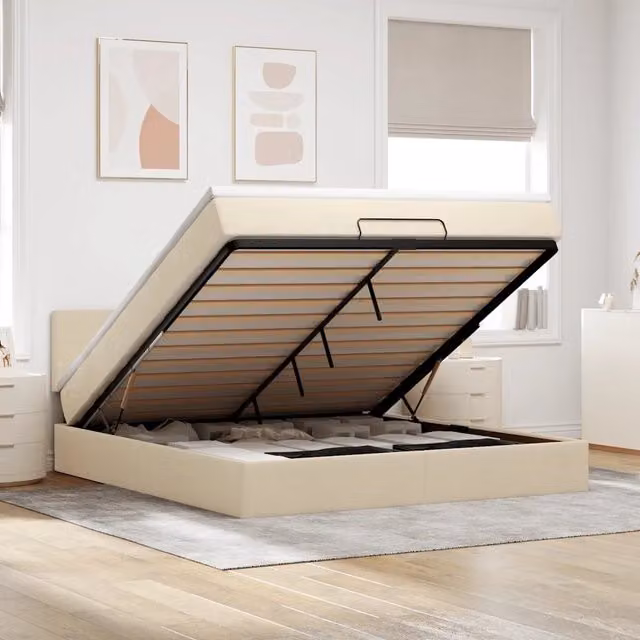 Letto contenitore moderno vidaXL con base a sollevamento, illuminazione LED sottostante e porta di ricarica USB, colore beige e bianco, L: 180 cm, P: 200 cm, H: 88 cm