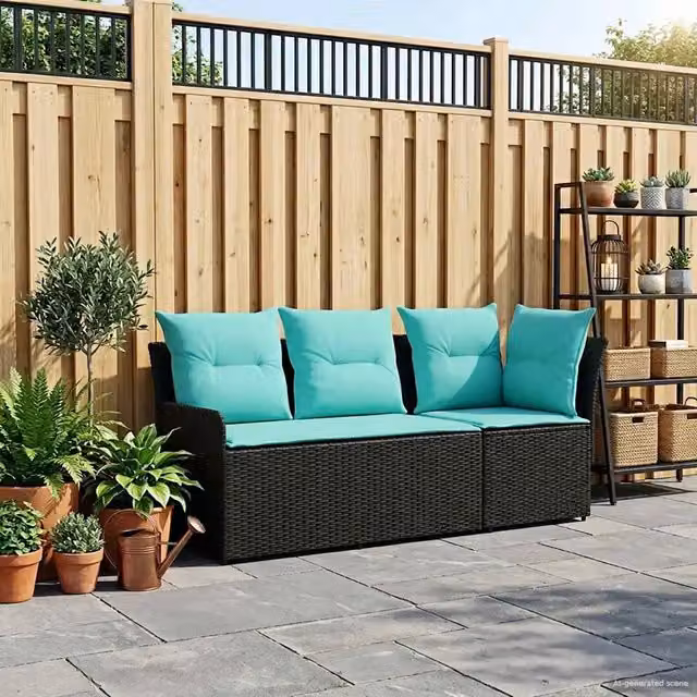 Set divano angolare da giardino a 2 posti DESIGN IN con cuscini inclusi, struttura in acciaio verniciato a polvere e tessuto turchese e nero – 1