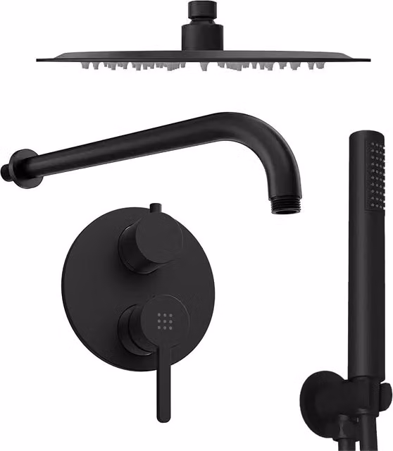 Set doccia nero opaco Parama con miscelatore incasso a 2 vie Virna, braccio da 40 cm, soffione slim da 30 cm e doccino