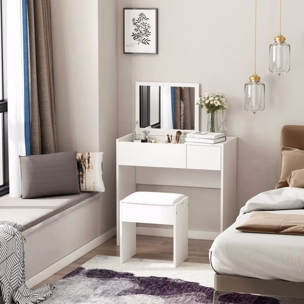 EasyComfort Postazione Trucco Moderna con Specchio Richiudibile, Sgabello e Vano Contenitore a 4 Scomparti, MDF Bianco, L 80 cm x P 40 cm x H 79 cm – 2