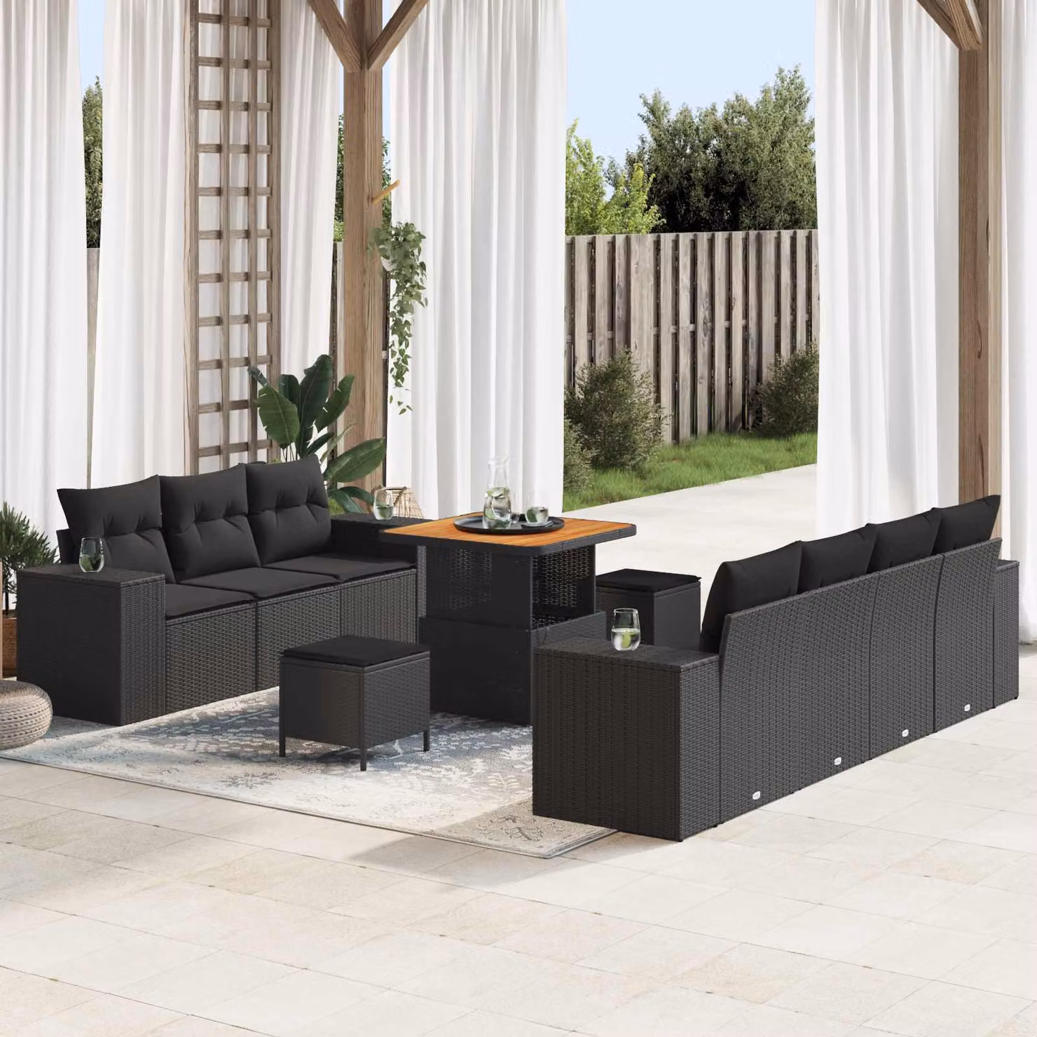 Set Divano da Giardino Moderno vidaXL 10 Pezzi Nero con Cuscini e Tavolino da Caffè in Polyrattan e Acciaio – 1