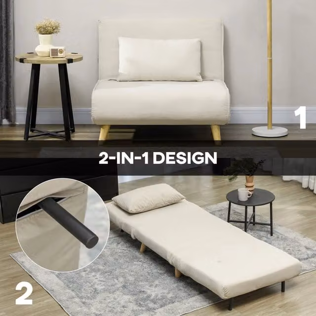 Poltrona letto reclinabile con schienale regolabile e cuscino, in velluto beige imbottita 72 × 78 × 79 cm