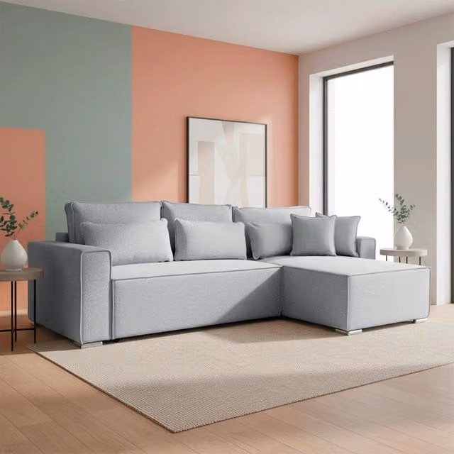 Divano Angolare Emily Grigio con Letto Easy Open, Contenitore e Penisola Reversibile in Tessuto per il tuo Living