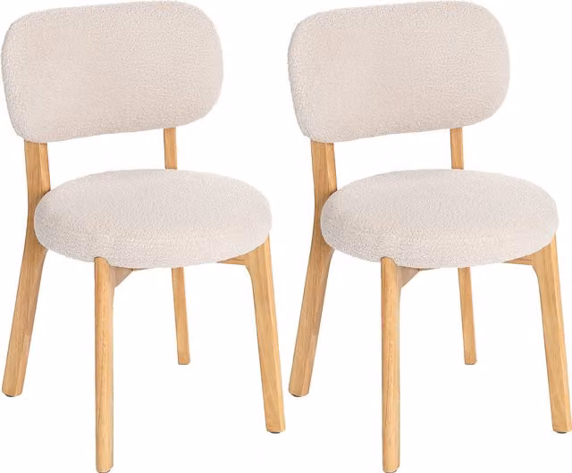 Set di 2 sedie da pranzo imbottite HOMCOM in tessuto bouclé beige con gambe in legno di hevea, L 46,5 x P 52 x H 80 cm