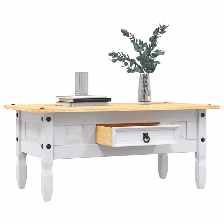 vidaXL Tavolino da Caffè Corona Range in Legno di Pino Rustico Bianco e Marrone L: 100 cm, P: 55 cm, H: 44 cm
