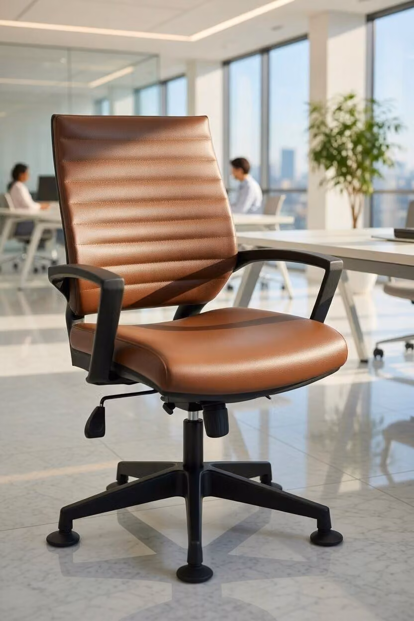 Sedia da ufficio con rivestimento in ecopelle e design ergonomico, progettata per garantire il massimo comfort durante la seduta