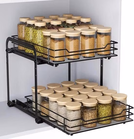 Organizzatore estensibile per armadi - 2 livelli di sostegno per spezie - regolabile in altezza - griglia per spezie in metallo robusto - L262 x B228 - piano di appoggio per cucina