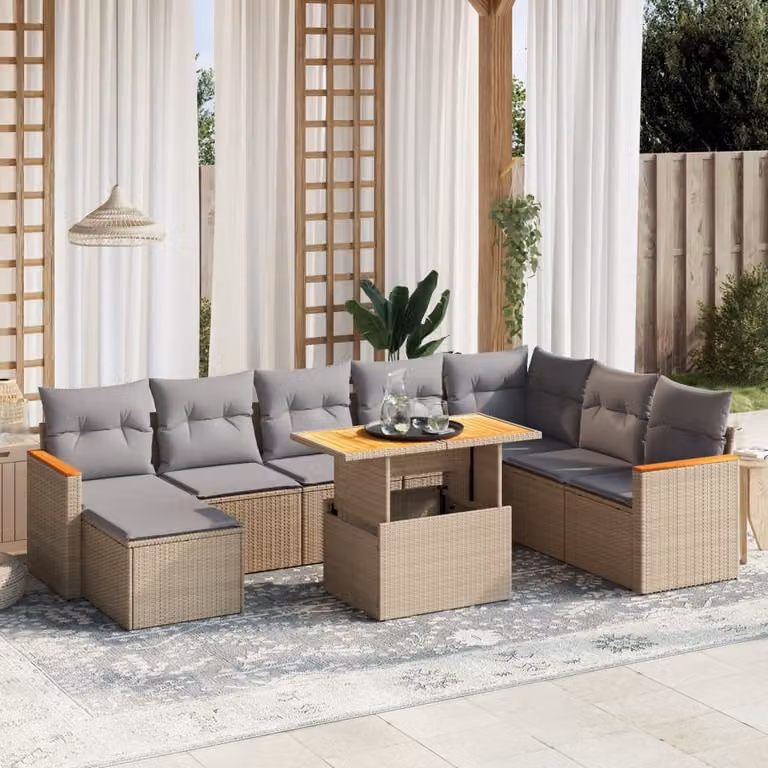 vidaXL Set Divano da Giardino a L 9 pz in Polyrattan con Cuscini Beige e Tavolino da Caffè