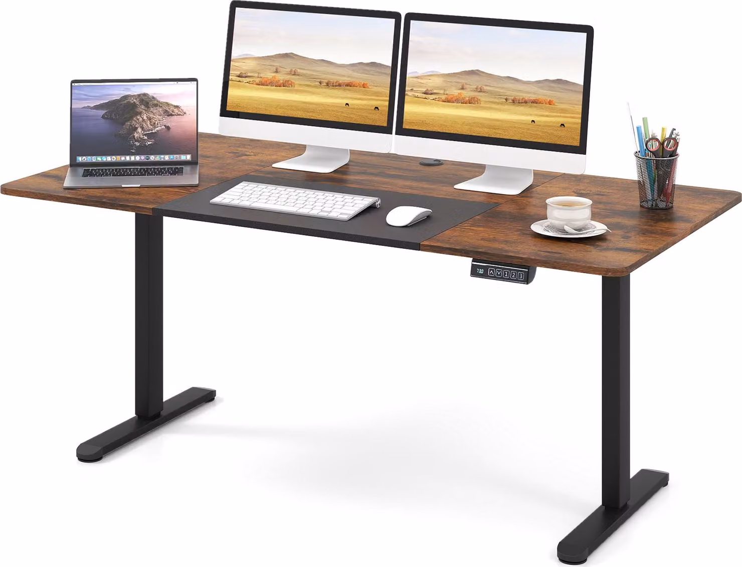 COSTWAY scrivania regolabile in altezza 140 x 70 cm, scrivania in piedi con funzione di memoria e gestione dei cavi, scrivania per computer, marrone