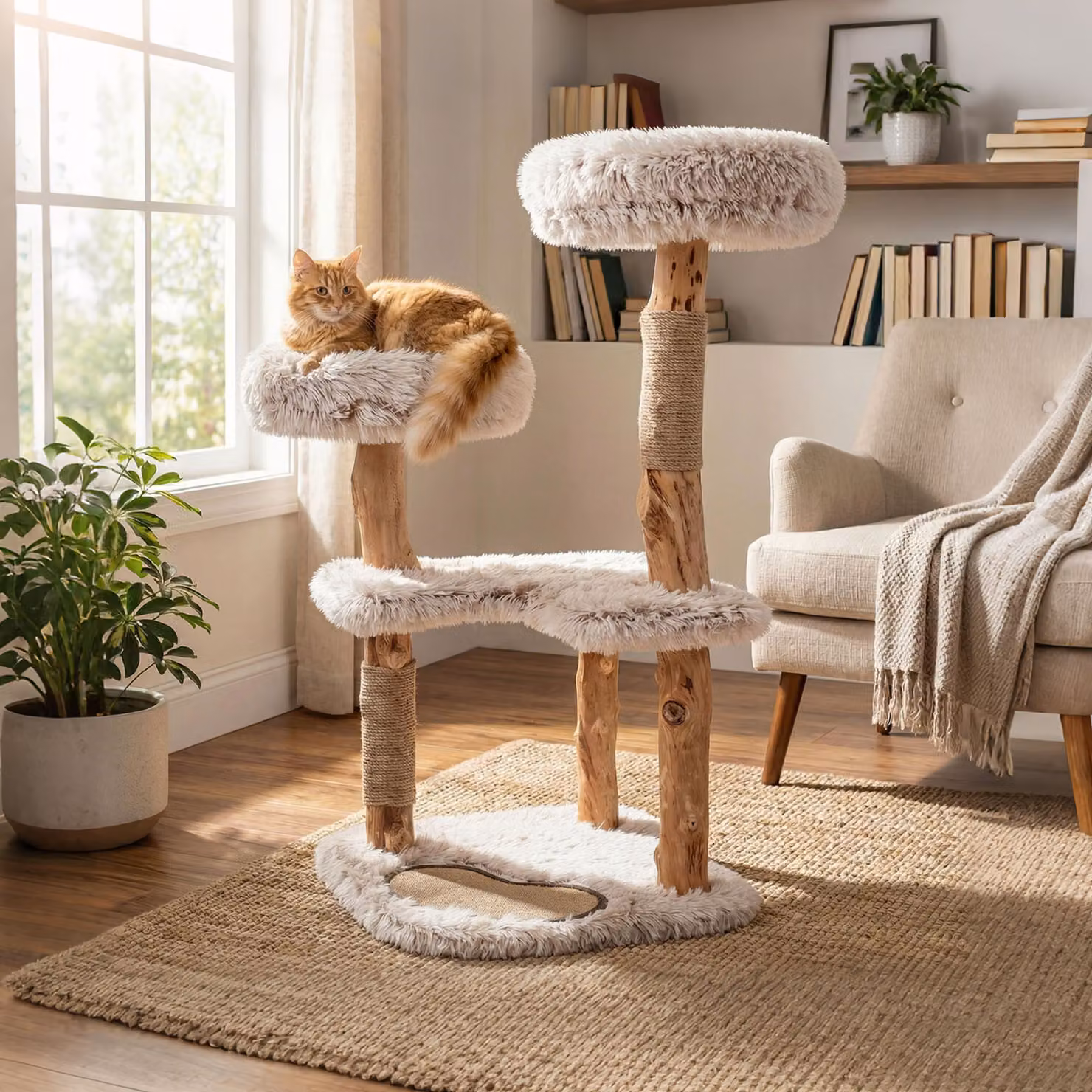 Albero per gatti Costway in legno massiccio con rami naturali, 2 appoggi imbottiti beige e cuscini rimovibili in stile boho