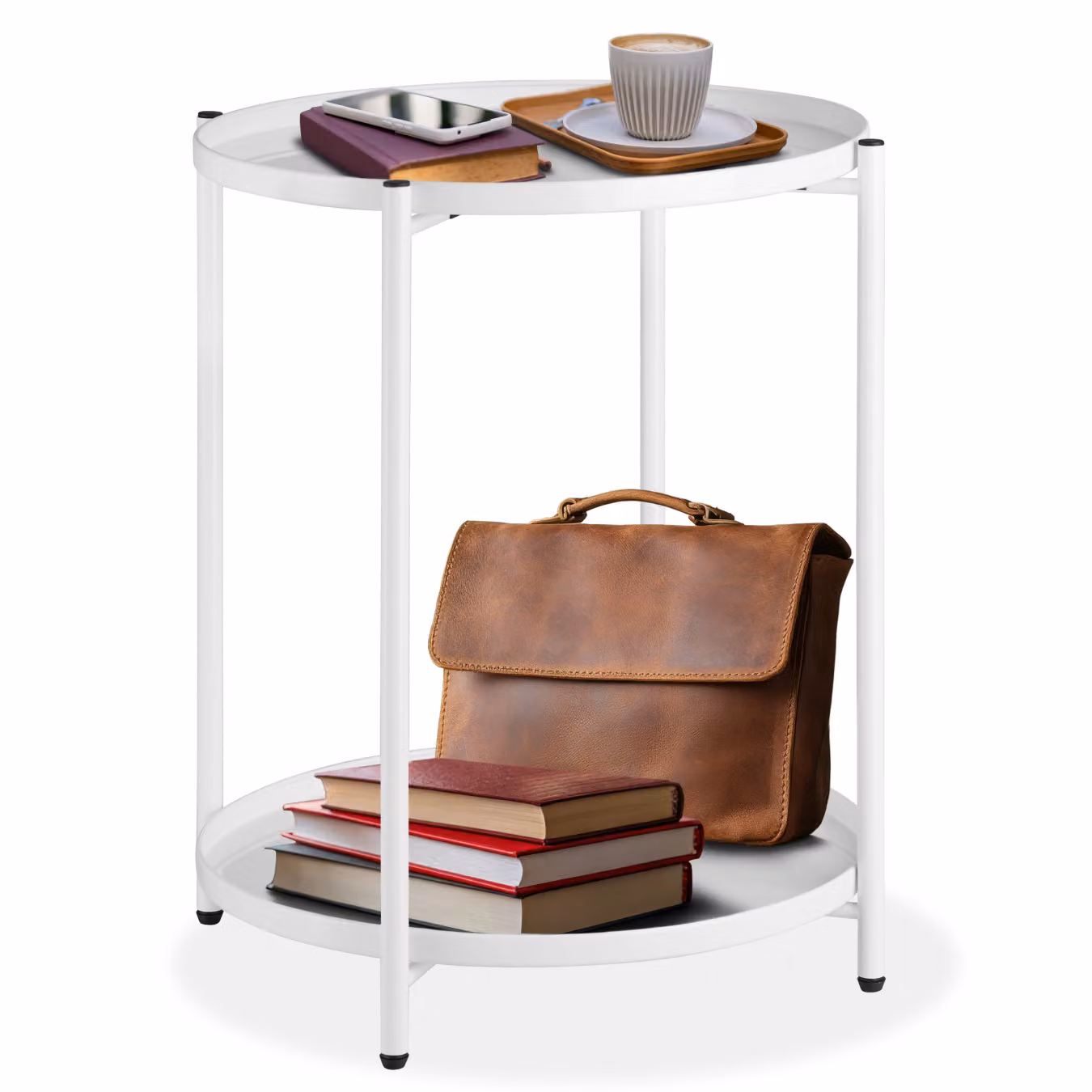 Tavolino Oxford Tectake Bianco con Piano Rotondo e Struttura in Metallo L: 45,5 cm, P: 45,5 cm, H: 53 cm – 1