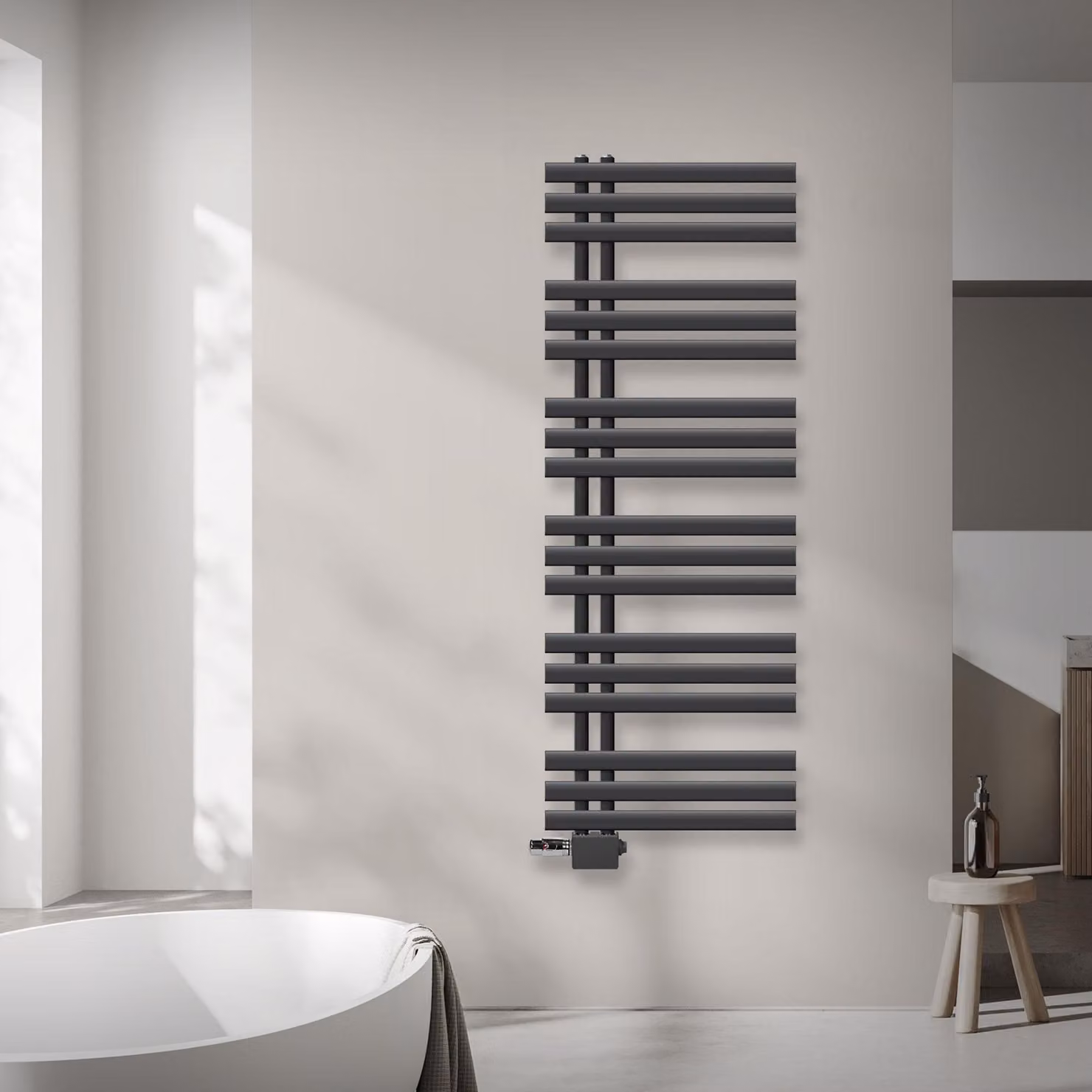 Radiatore da bagno LuxeBath Design, 500x1400 mm, antracite, set di collegamento termostatico universale ad angolo e passante, senza elemento riscaldante
