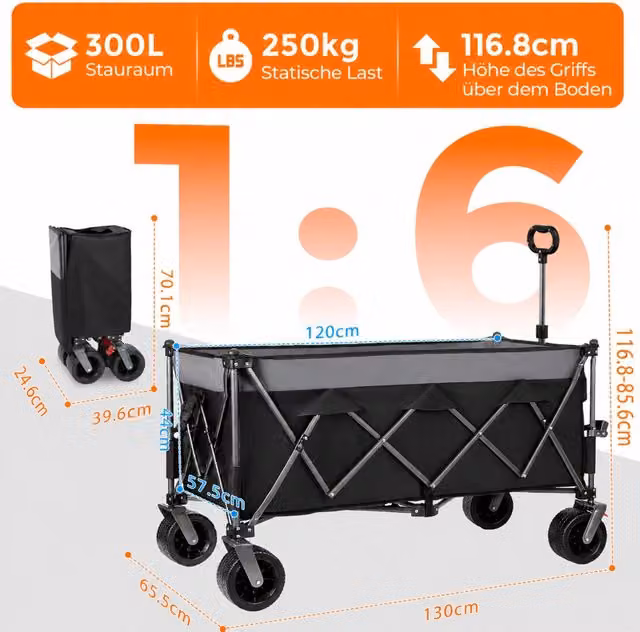 Carrello pieghevole XXL 300 L con ruote fuoristrada e freni, portata fino a 250 kg