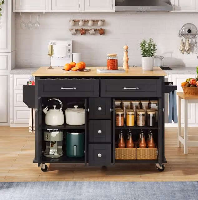 Carrello da cucina multifunzione con piano di lavoro estensibile 120×65 cm, 5 cassetti, armadietti, porta spezie e portasciugamani, su ruote