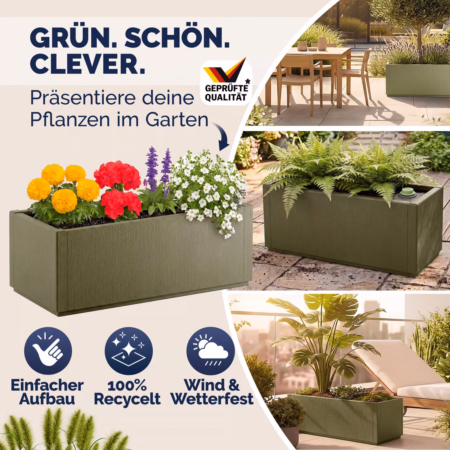 Vaso da fiori tub CASARIA in plastica, disponibile nei colori antracite o verde, L: 80 cm, P: 36 cm, H: 36 cm – 4
