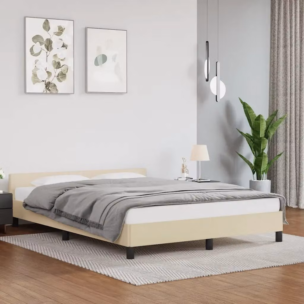 Letto matrimoniale moderno con testiera imbottita in tessuto beige L 140 x P 190 cm – 2