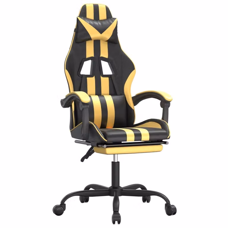 Sedia da Gaming con Poggiapiedi Nero e Oro in Pelle finta