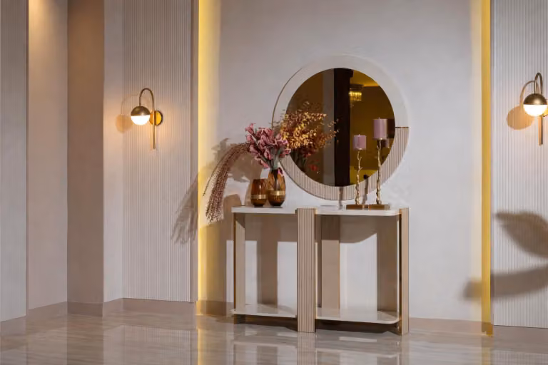 Console beige con specchio, mobiletto, consolle in legno, mobili per il soggiorno
