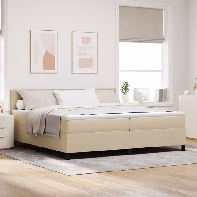 Letto moderno vidaXL con testiera imbottita in velluto a coste e molle a sacchetto, colori grigio, bianco e beige, L: 200 cm, P: 200 cm, H: 203 cm