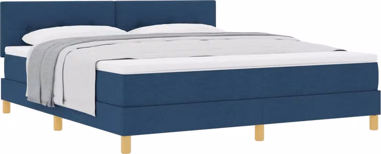 Letto con boxspring e cuscini, con testiera, colore blu, dimensioni 180 x 200 cm, rivestito in tessuto