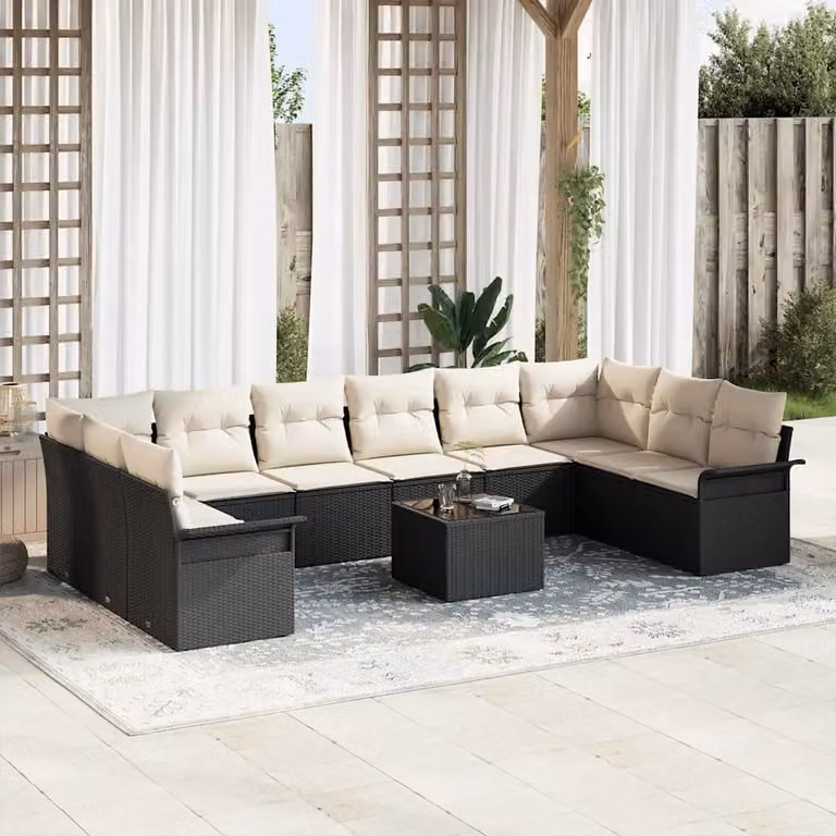 Set Divano da Giardino vidaXL a forma a U in Polyrattan Nero con Cuscini e Tavolino da Esterno